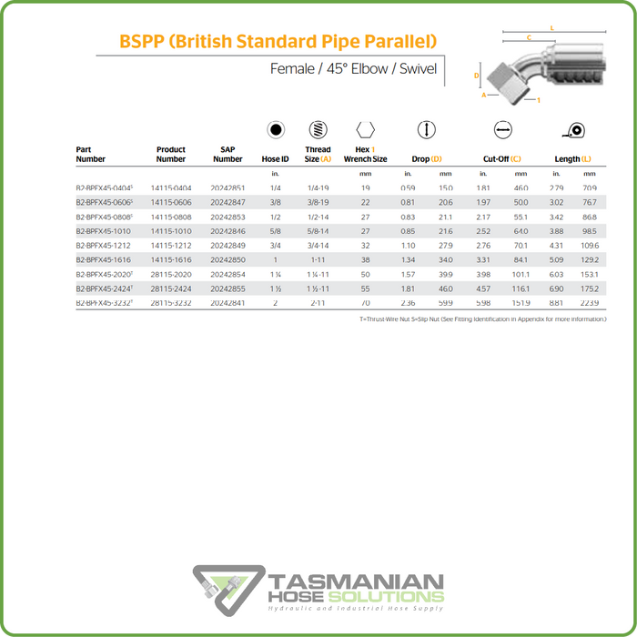 B2-BPFX45 - BSPP 45DEG FEMALE SWIVEL HOSETAIL (ONE PIECE BRAID HOSETAILS)