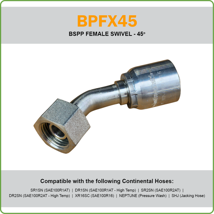 B2-BPFX45 - BSPP 45DEG FEMALE SWIVEL HOSETAIL (ONE PIECE BRAID HOSETAILS)