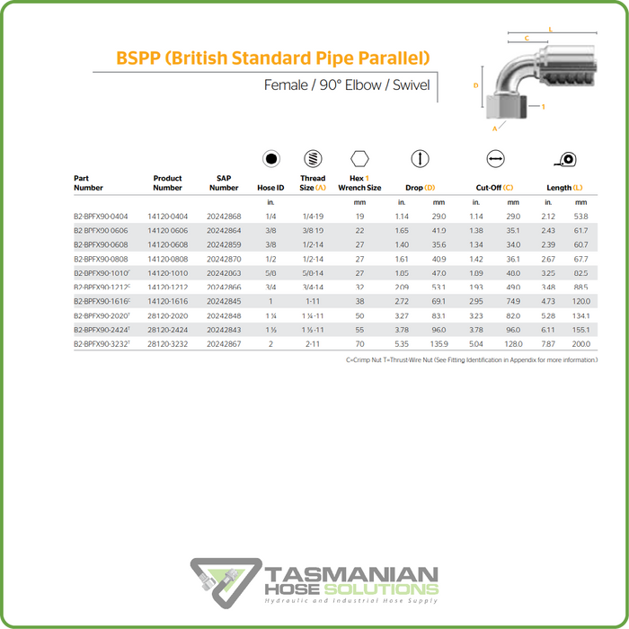 B2-BPFX90 - BSPP 90DEG FEMALE SWIVEL HOSETAIL (ONE PIECE BRAID HOSETAILS)