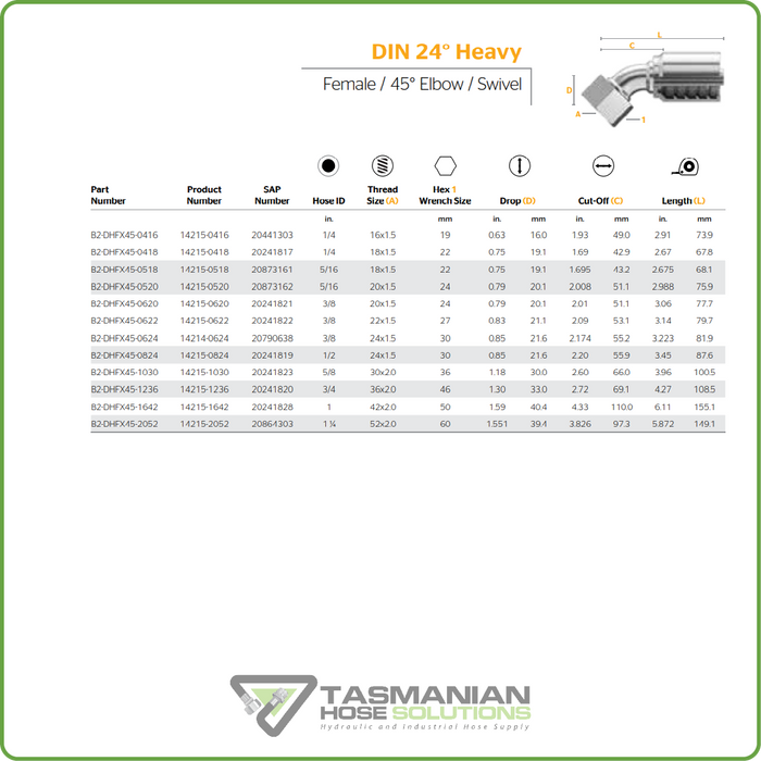 B2-DHFX45 - METRIC HEAVY 45DEG FEMALE SWIVEL HOSETAIL (ONE PIECE BRAID HOSETAILS)