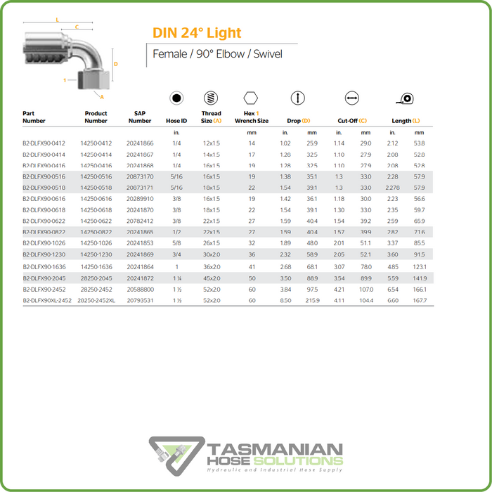 B2-DLFX90 - METRIC LIGHT 90DEG FEMALE SWIVEL HOSETAIL (ONE PIECE BRAID HOSETAILS)