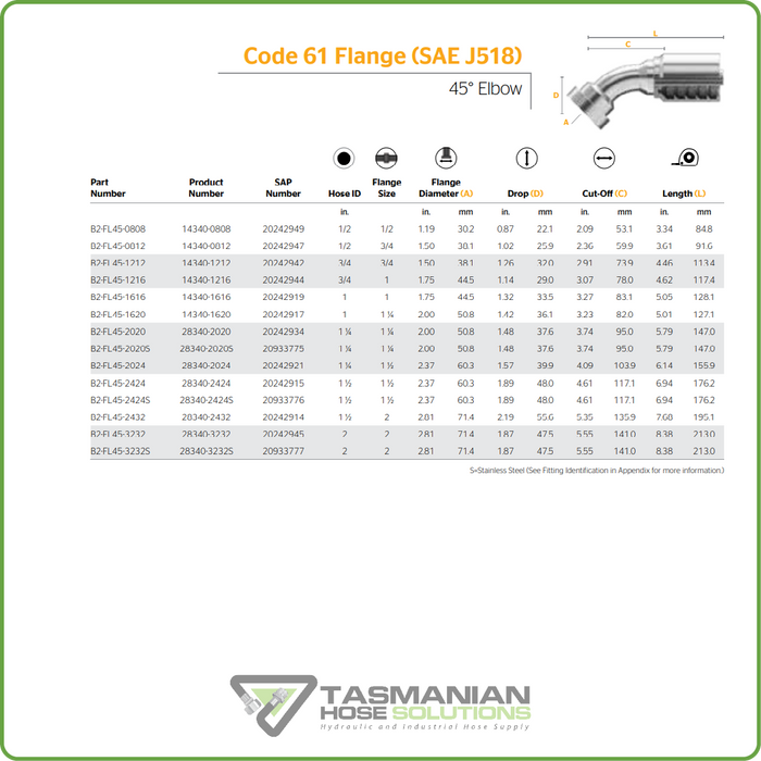 B2-FL45 - CODE 61 45DEG FLANGE HOSETAIL (ONE PIECE BRAID HOSETAILS)