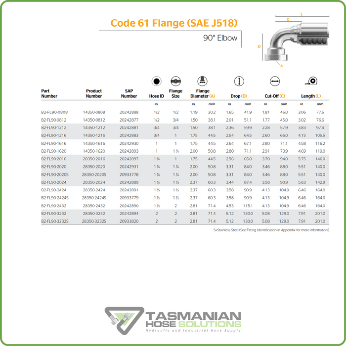 B2-FL90 - CODE 61 90DEG FLANGE HOSETAIL (ONE PIECE BRAID HOSETAILS)