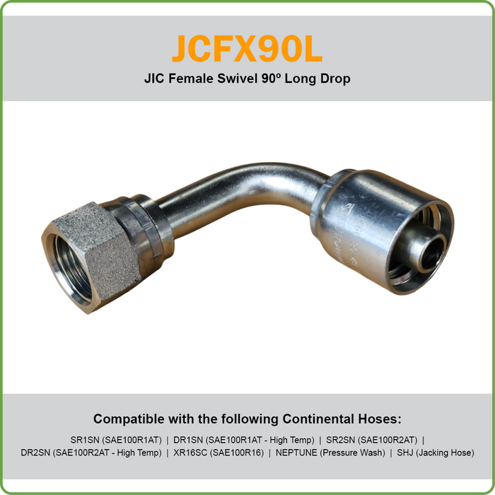 B2-JCFX90L - JIC 90DEG LONG DROP FEMALE SWIVEL HOSETAIL (ONE PIECE BRAID HOSETAILS)