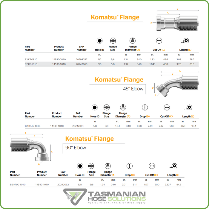 B2-KF - KOMATSU STRAIGHT/45DEG/90DEG FLANGE HOSETAIL (ONE PIECE BRAID HOSETAILS)
