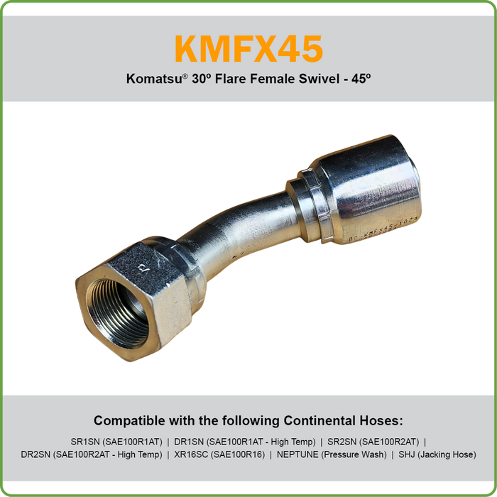 B2-KMFX45 - KOMATSU METRIC 45DEG FEMALE SWIVEL HOSETAIL (ONE PIECE BRAID HOSETAILS)