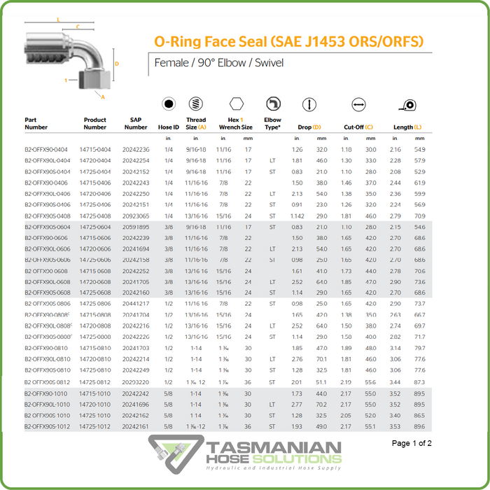 B2-OFFX90S - ORFS 90DEG SHORT DROP FEMALE SWIVEL HOSETAIL (ONE PIECE BRAID HOSETAILS)