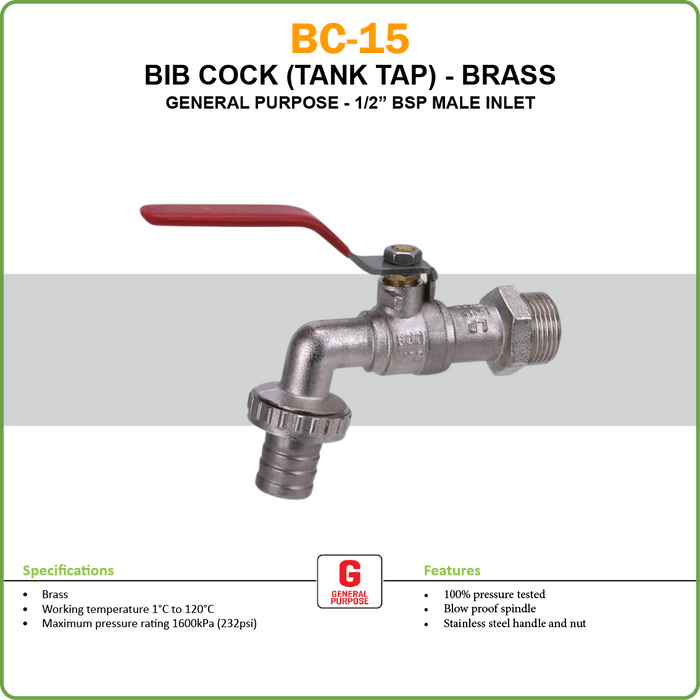 BIB COCK - BRASS - LEVER - GENERAL PURPOSE - BSPM - 1/2IN