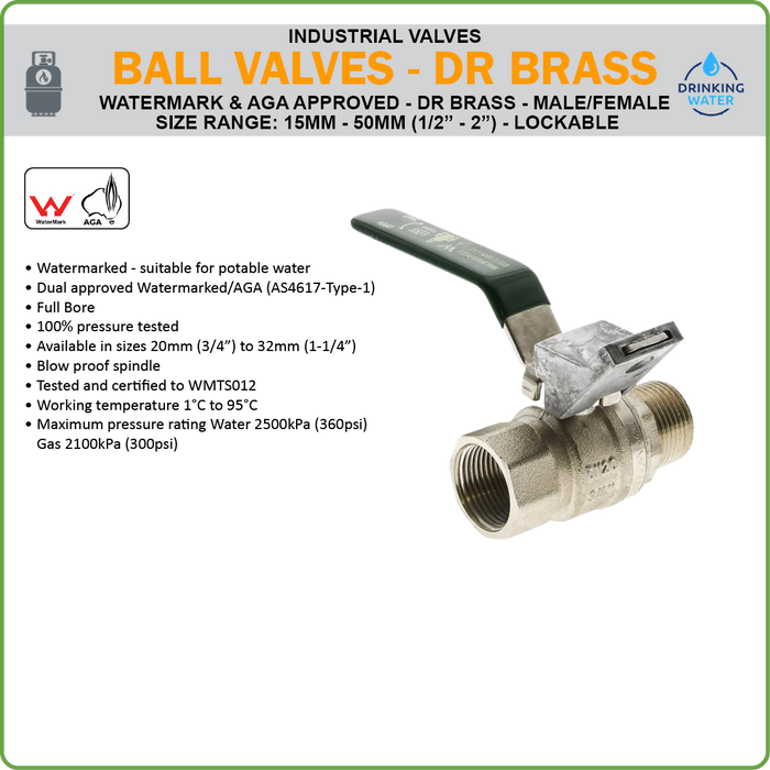 BALL VALVE - DR BRASS - DUAL APPROVED - LOCKABLE - M/F BSP - 3/4IN