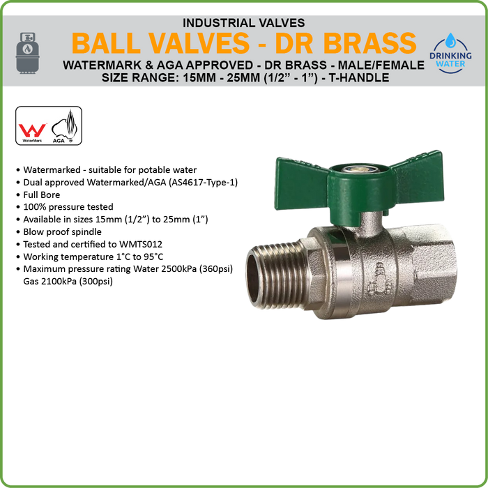 BALL VALVE - DR BRASS - WATERMARK / AGA APPROVED - M/F BSP - T-HANDLE