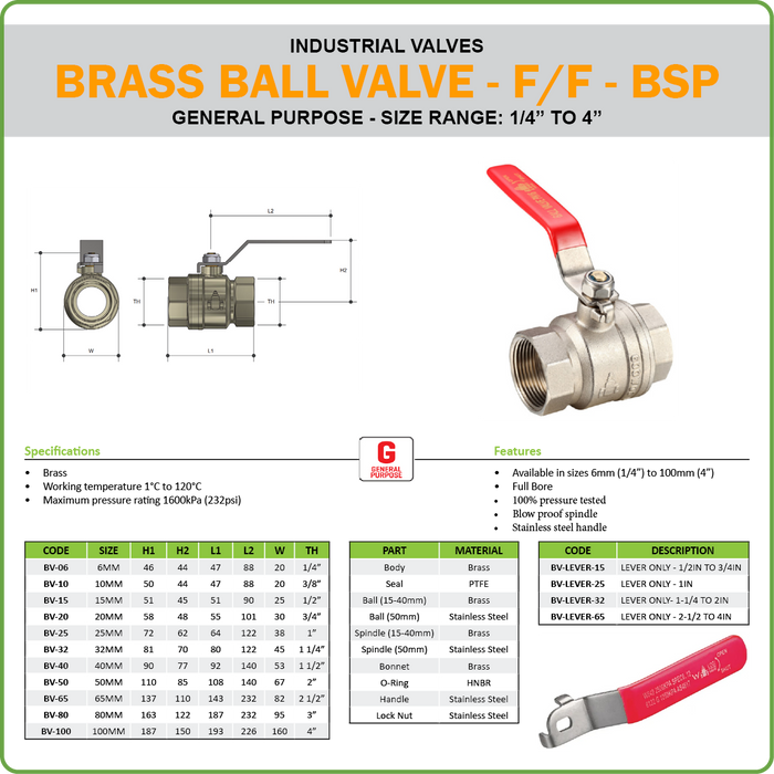 BALL VALVE - BRASS - GENERAL PURPOSE - F/F BSP