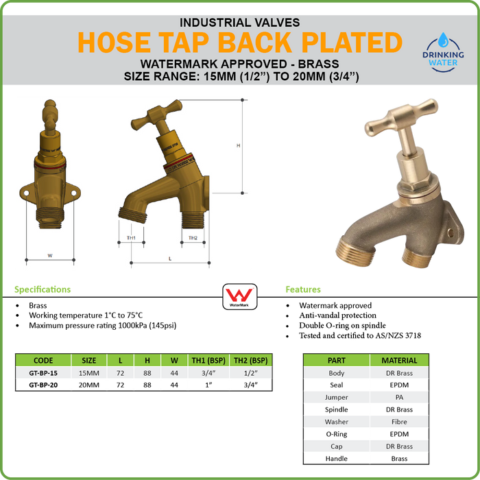 HOSE TAP (BIB TAP) BACK PLATED - WATERMARK - MALE INLET