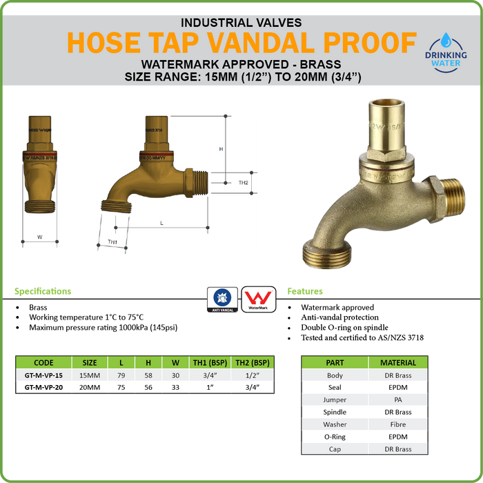 HOSE TAP (BIB TAP) BRASS - VANDAL PROOF - WATERMARK - MALE INLET 20mm (3/4")