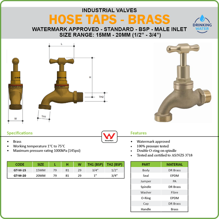 GARDEN TAP - BRASS - GENERAL PURPOSE - M/M BSP - 3/4IN X 1IN