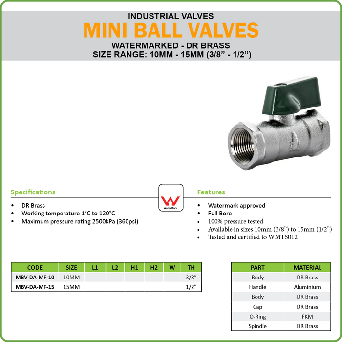 BALL VALVE - MINI - WATERMARKED - F/F BSP - 3/8IN