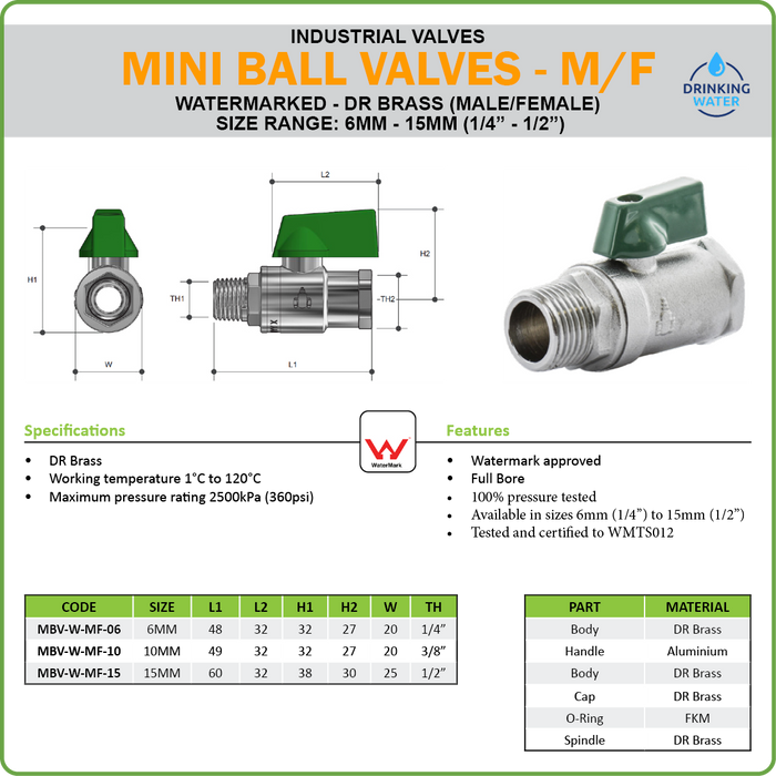 BALL VALVE - MINI - WATERMARKED - M/F BSP - 3/8IN