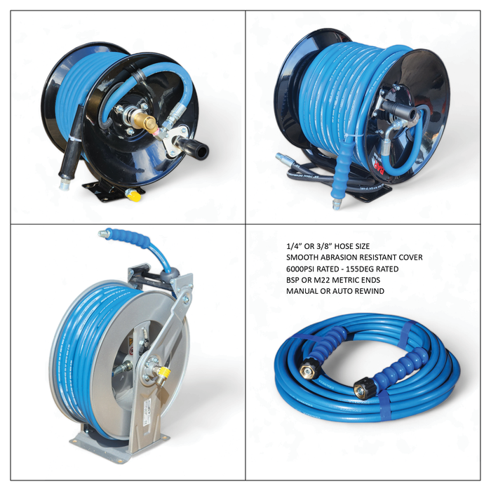 PRESSURE WASH HOSE 1/4" 6000PSI 15MTRS ON REEL (NO BRAKE) 3/8IN BSPT MALE