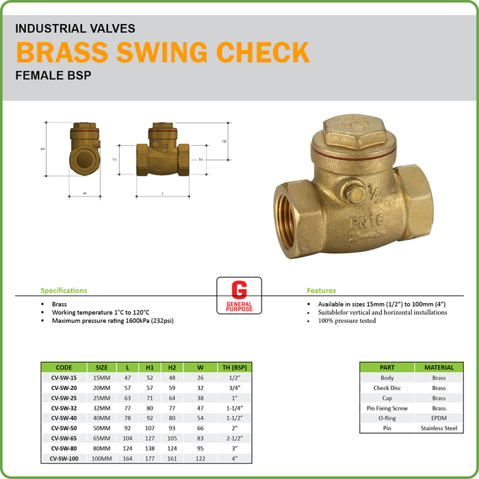 SWING CHECK VALVE - BRASS - GENERAL PURPOSE - F/F BSP