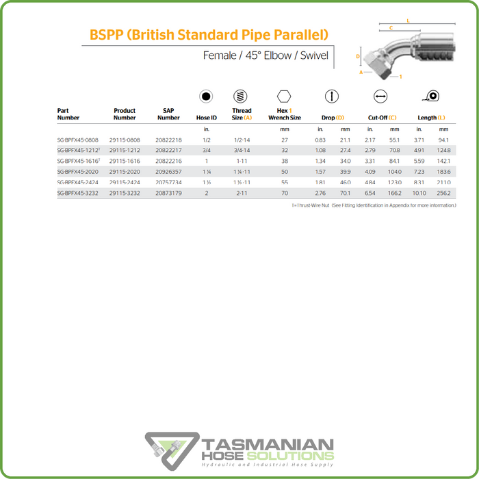 SG-BPFX45 - BSPP 45DEG FEMALE SWIVEL HOSETAIL (ONE PIECE SPIRAL HOSETAILS)