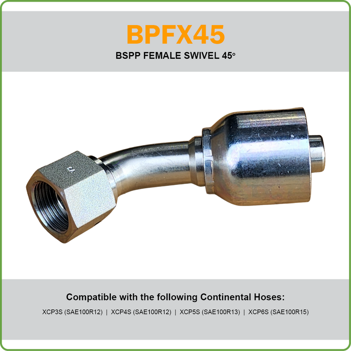 SG-BPFX45 - BSPP 45DEG FEMALE SWIVEL HOSETAIL (ONE PIECE SPIRAL HOSETAILS)