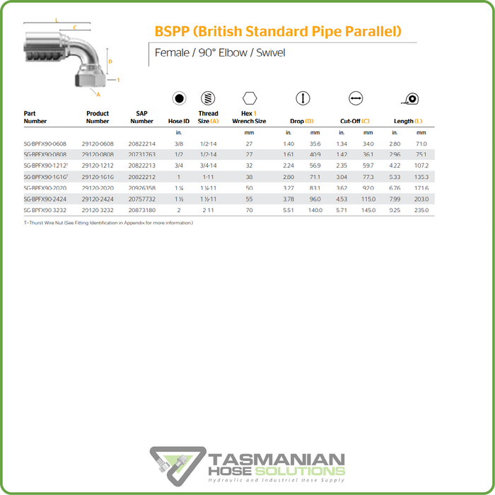 SG-BPFX90 - BSPP 90DEG FEMALE SWIVEL HOSETAIL (ONE PIECE SPIRAL HOSETAILS)