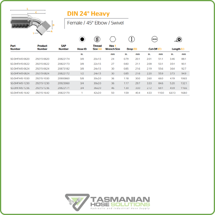 SG-DHFX45 - METRIC HEAVY 45DEG FEMALE SWIVEL HOSETAIL (ONE PIECE SPIRAL HOSETAILS)