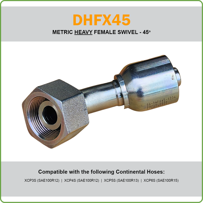 SG-DHFX45 - METRIC HEAVY 45DEG FEMALE SWIVEL HOSETAIL (ONE PIECE SPIRAL HOSETAILS)