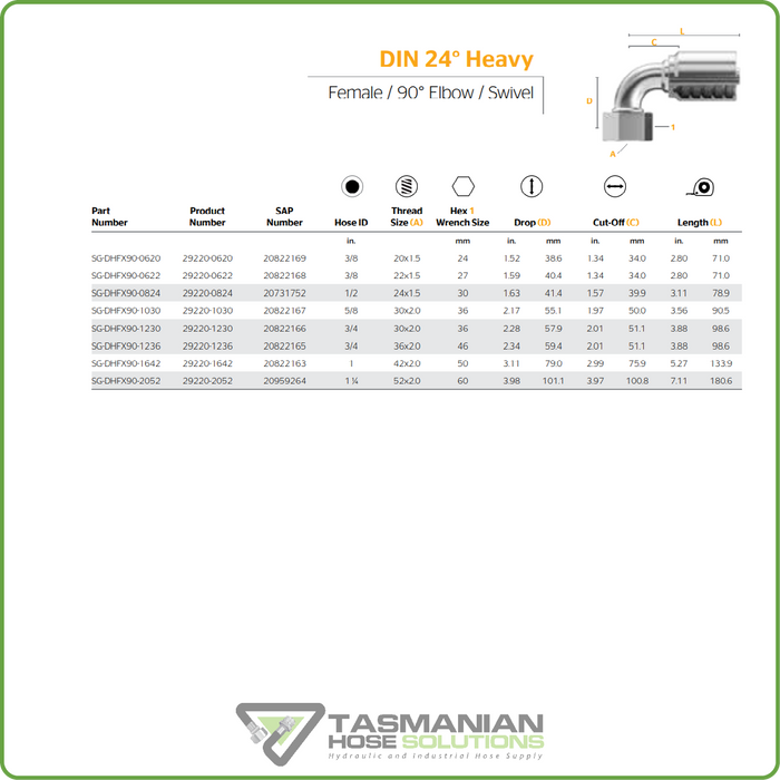 SG-DHFX90 - METRIC HEAVY 90DEG FEMALE SWIVEL HOSETAIL (ONE PIECE SPIRAL HOSETAILS)