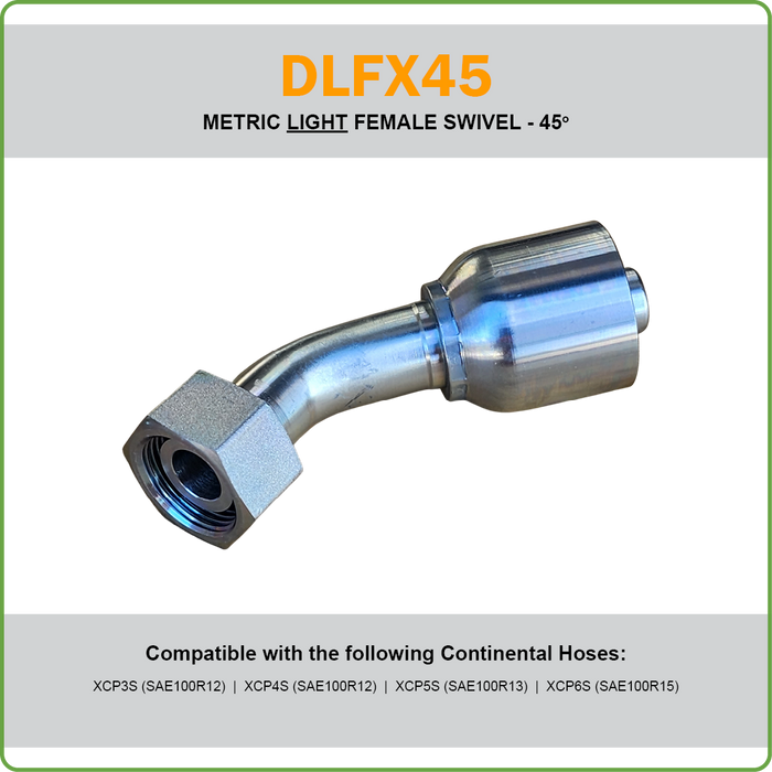 SG-DLFX45 - METRIC LIGHT 45DEG FEMALE SWIVEL HOSETAIL (ONE PIECE SPIRAL HOSETAILS)