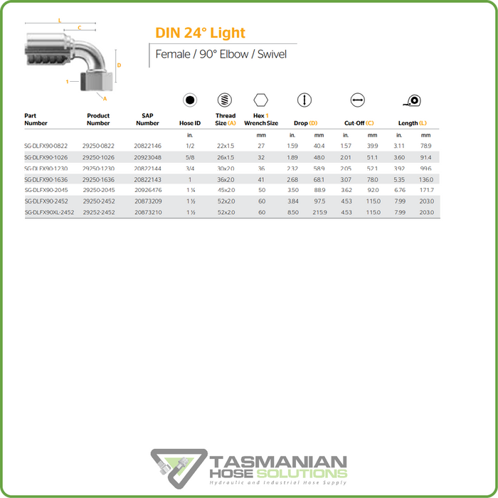 SG-DLFX90 - METRIC LIGHT 90DEG FEMALE SWIVEL HOSETAIL (ONE PIECE SPIRAL HOSETAILS)