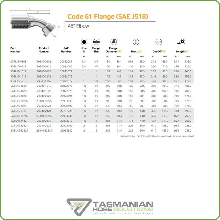 SG-FL45 - CODE 61 45DEG HOSETAIL (ONE PIECE SPIRAL HOSETAILS)