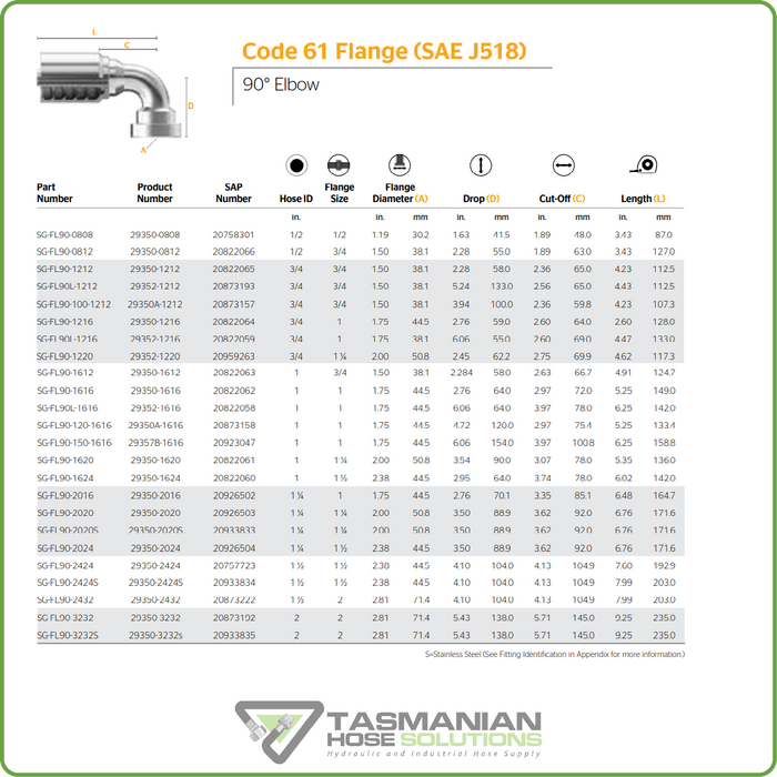 SG-FL90L - CODE 61 FLANGE 90DEG LONG DROP (ONE PIECE SPIRAL HOSETAILS)