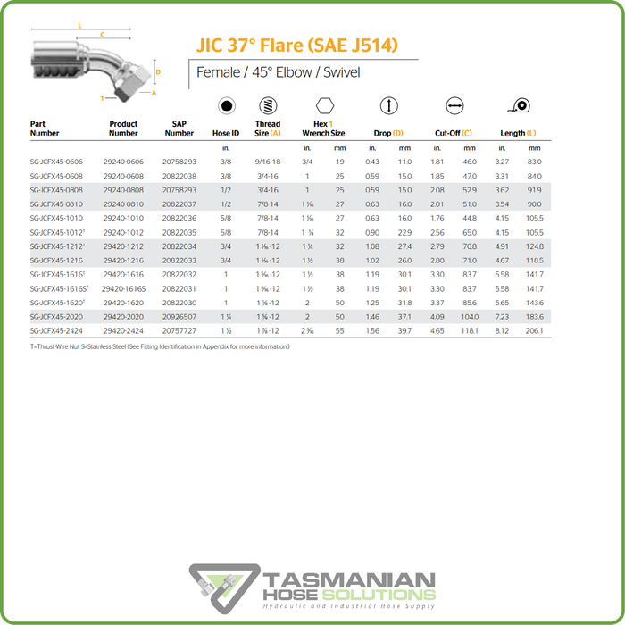 SG-JCFX45 - JIC 45DEG FEMALE SWIVEL HOSETAIL (ONE PIECE SPIRAL HOSETAILS)