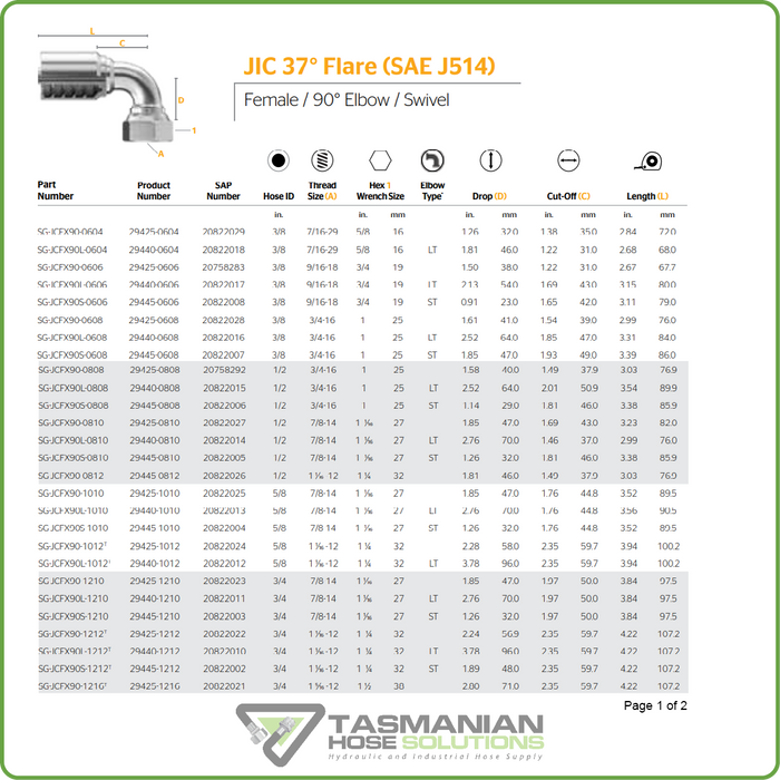 SG-JCFX90S - JIC 90DEG SHORT DROP FEMALE SWIVEL HOSETAIL (ONE PIECE SPIRAL HOSETAILS)