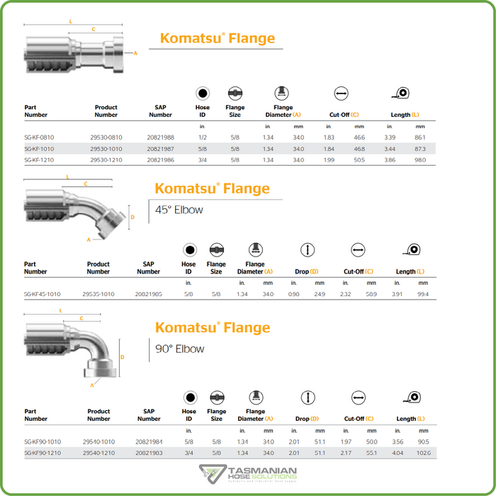 SG-KF - KOMATSU STRAIGHT/45DEG/90DEG FLANGE HOSETAIL (ONE PIECE SPIRAL HOSETAILS)