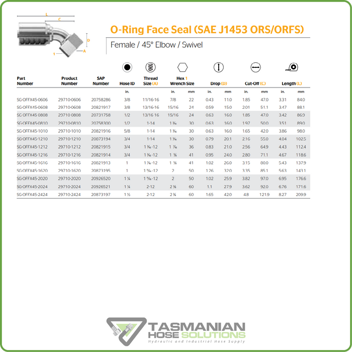 SG-OFFX45 - ORFS 45DEG FEMALE SWIVEL HOSETAIL (ONE PIECE SPIRAL HOSETAILS)