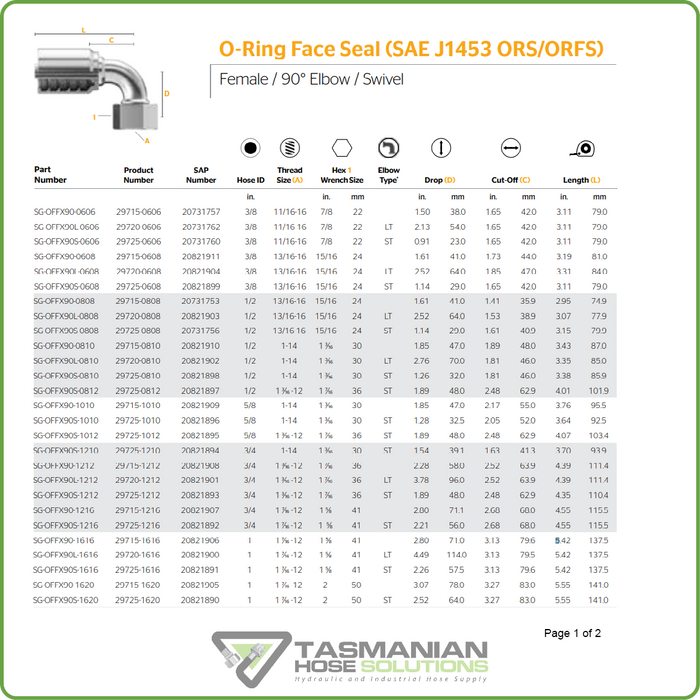 SG-OFFX90L - ORFS 90DEG LONG DROP FEMALE SWIVEL HOSETAIL (ONE PIECE SPIRAL HOSETAILS)