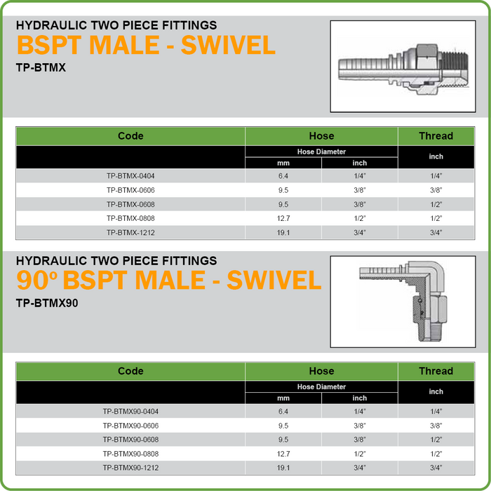 TP-BTMX90 - BSPT MALE 90DEG LIVE SWIVEL HOSETAIL (TWO PIECE HOSETAILS)