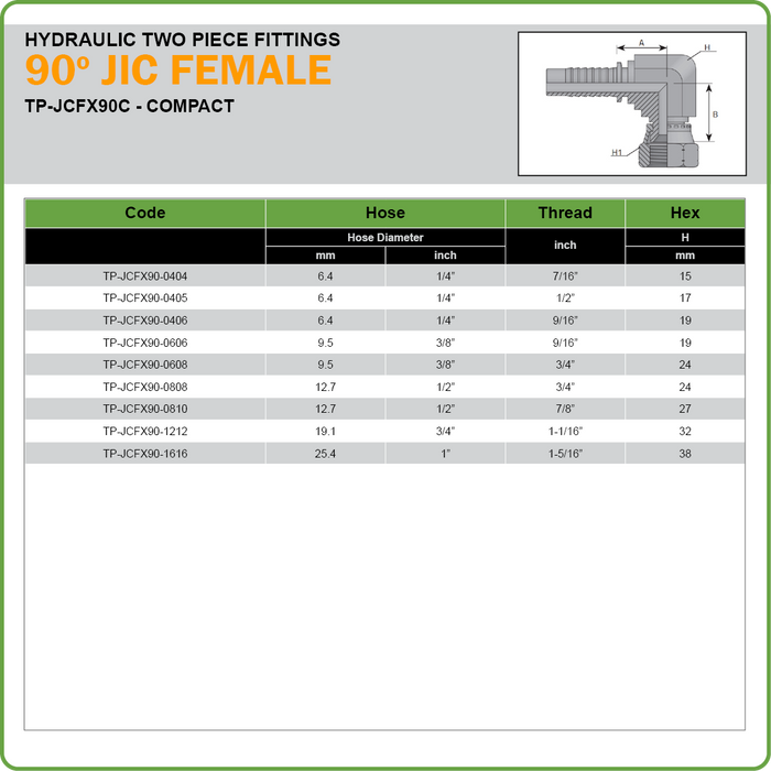 TP-JCFX90C - JIC 90DEG COMPACT FEMALE SWIVEL HOSETAIL (TWO PIECE HOSETAILS)