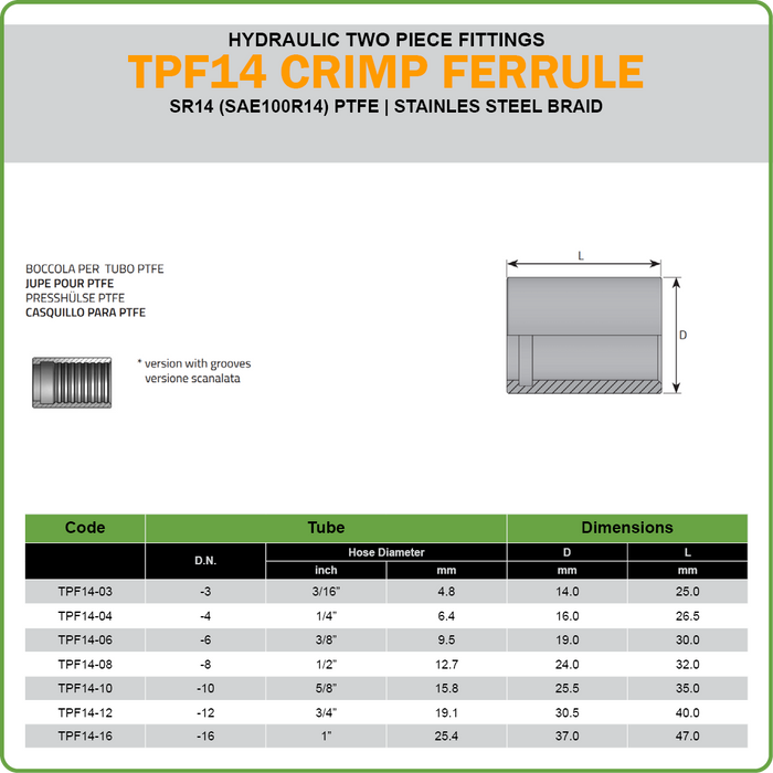 TPF14 - CRIMP FERRULE SUIT R14/PTFE (TWO PIECE HOSETAILS)