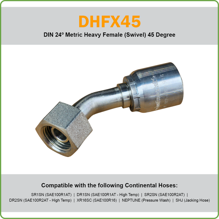 B2-DHFX45 - METRIC HEAVY 45DEG FEMALE SWIVEL HOSETAIL (ONE PIECE BRAID HOSETAILS)