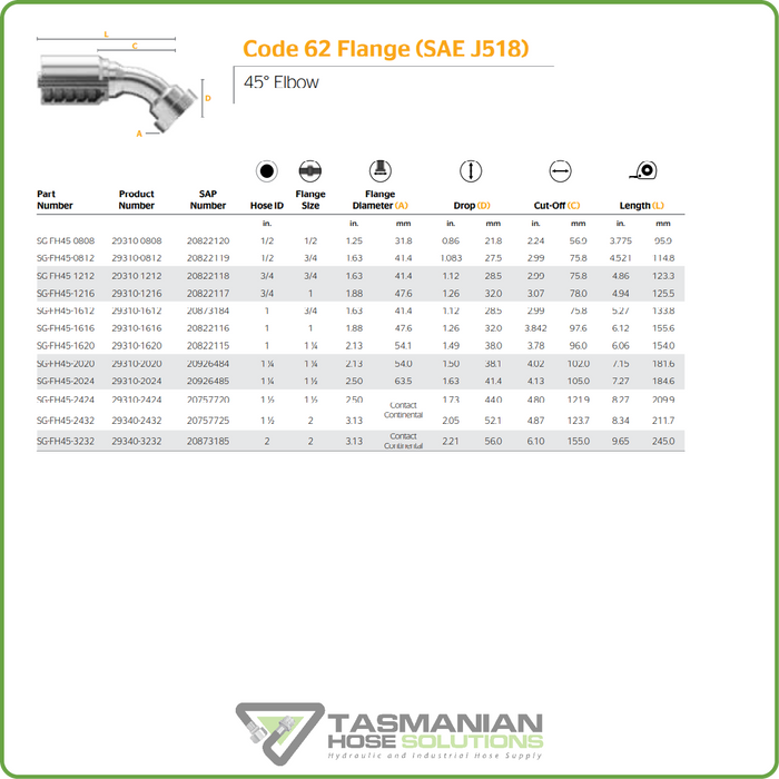 SG-FH45 - CODE 62 45DEG HOSETAIL (ONE PIECE SPIRAL HOSETAILS)