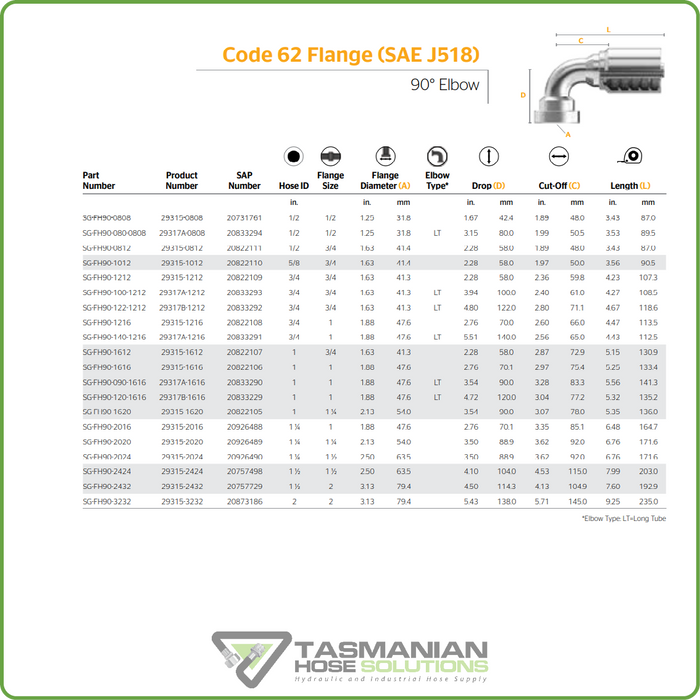 SG-FH90 - CODE 62 90DEG HOSETAIL (ONE PIECE SPIRAL HOSETAILS)