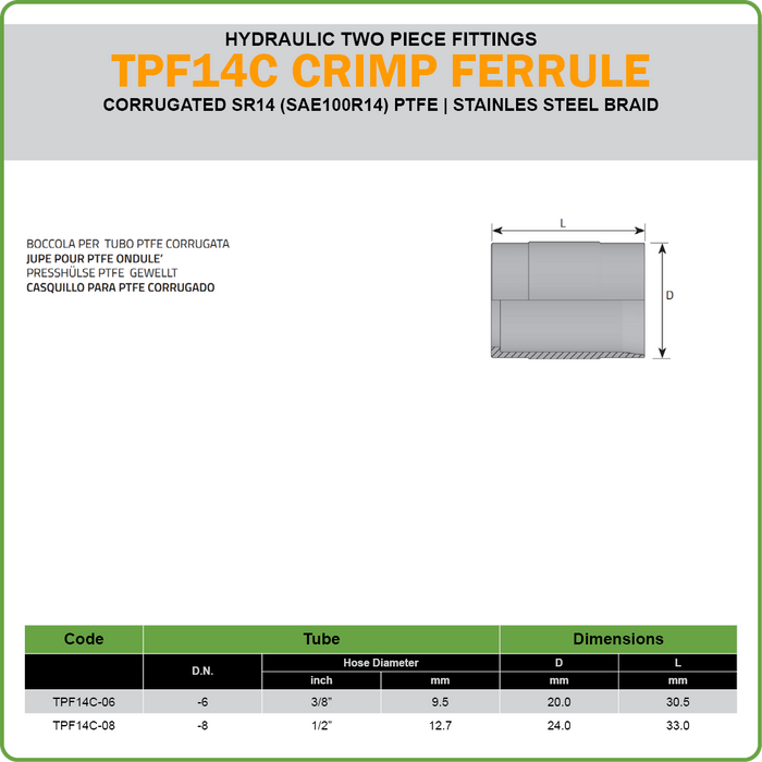 TPF14C - CRIMP FERRULE SUIT CORRUGATED R14/PTFE (TWO PIECE HOSETAILS)