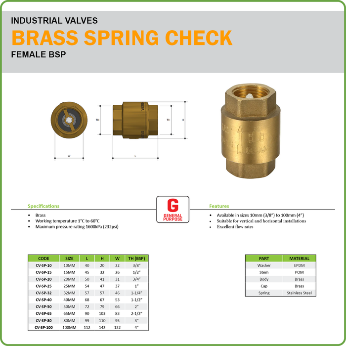 SPRING CHECK VALVE - BRASS - GENERAL PURPOSE - F/F BSP