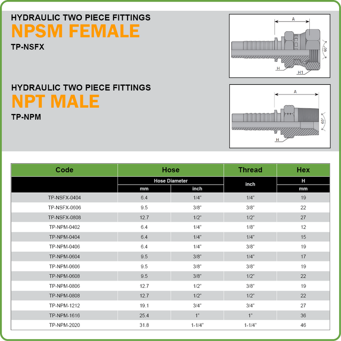 TP-NPM - NPT MALE & NPSM FEMALE SWIVEL HOSETAIL (TWO PIECE HOSETAILS)