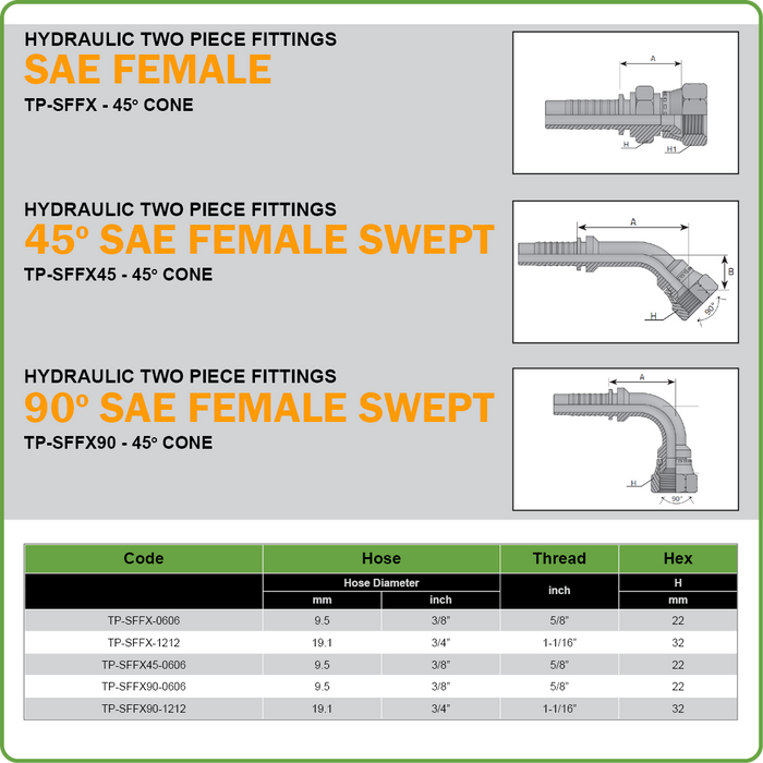 TP-SFFX - SAE STRAIGHT/45DEG/90DEG FEMALE SWIVEL HOSETAIL (TWO PIECE HOSETAILS)