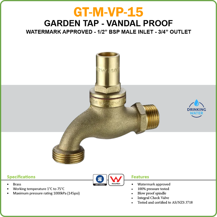 HOSE TAP (BIB TAP) BRASS - VANDAL PROOF - WATERMARK - MALE INLET 20mm (3/4")